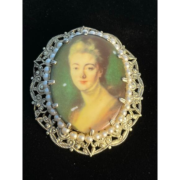 VTG Cameo Filigree Brooch West Germany Silver Tone Beaded Read - Picture 1 of 6